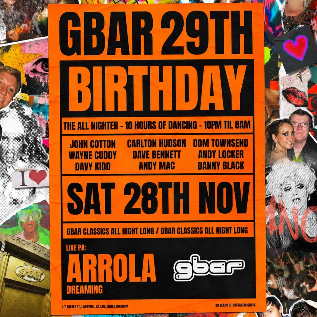 Upcoming event poster at G Bar Liverpool