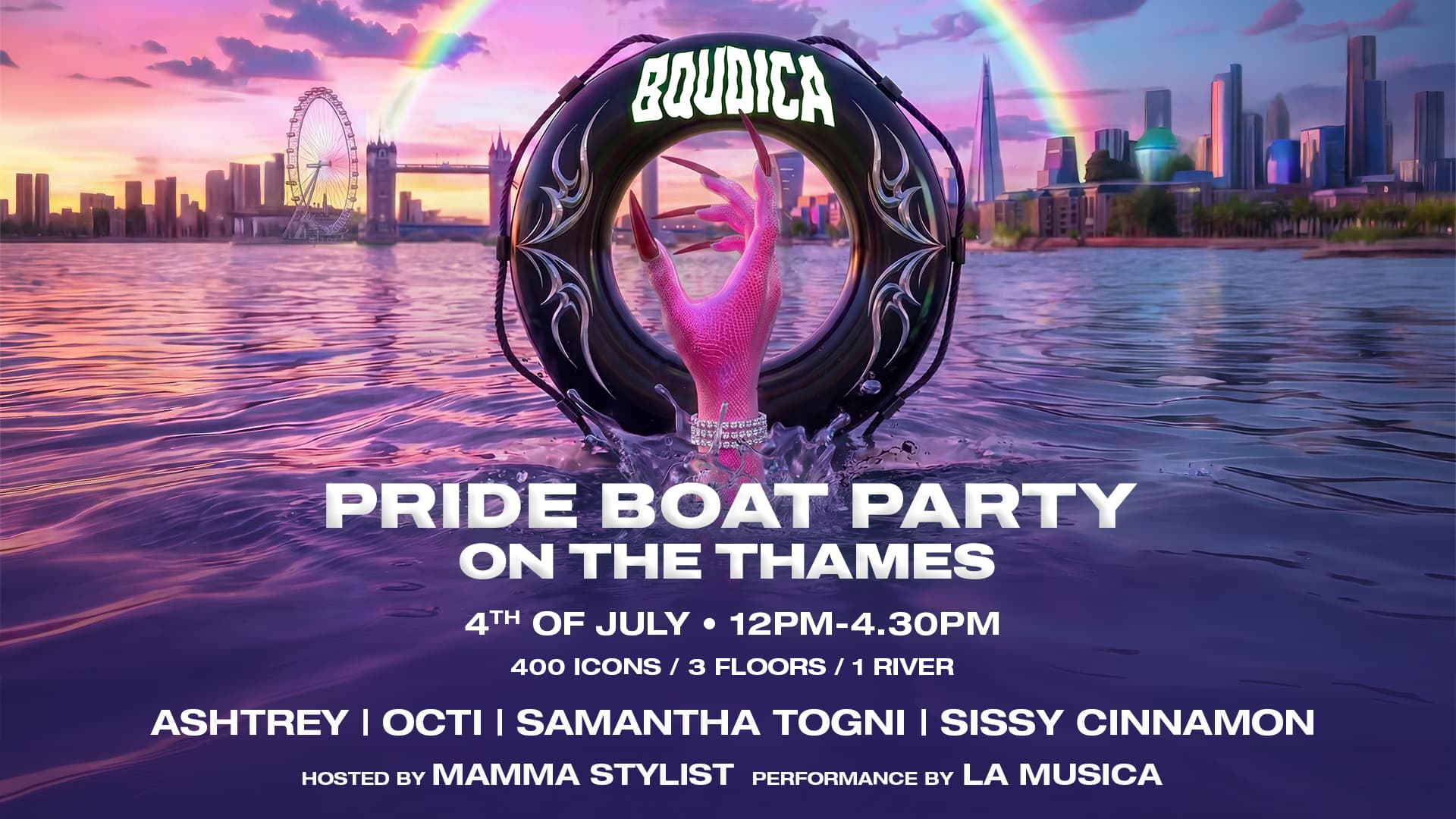 Boudica London Pride Boat Party on the Thames: 400 Queers / 3 Floors / One River at Blackfriars Pier