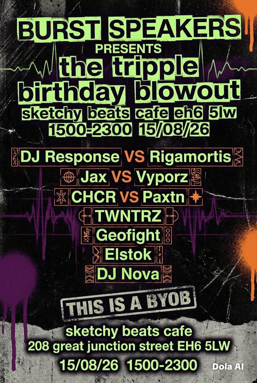 burst speaker events presents the tripple birthday blowout at Sketchy Beats Cafe