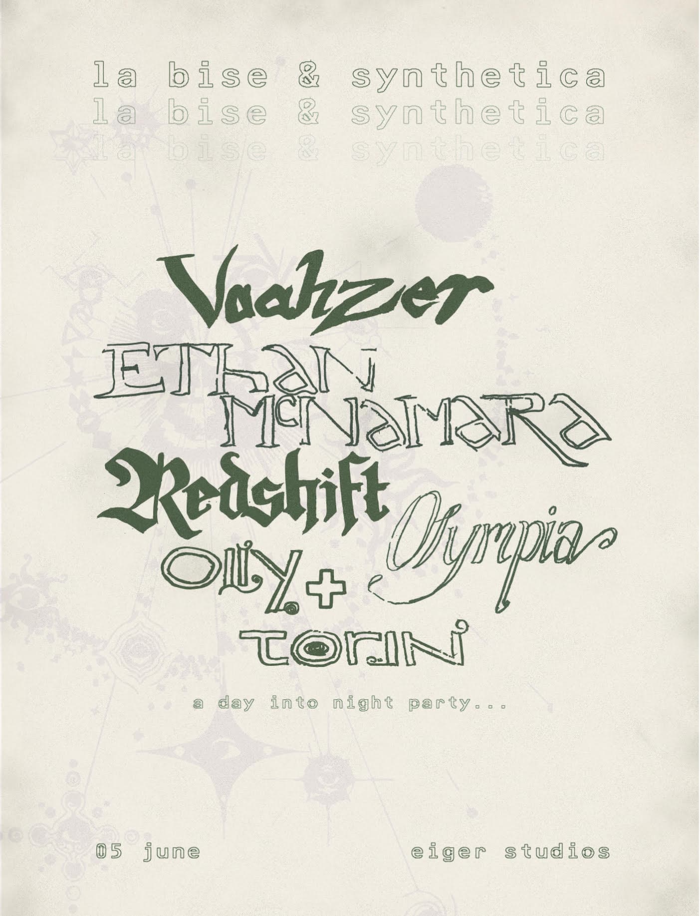 La Bise & Synthetica present: Day into Night w/ Vaahzer & Ethan McNamara at Eiger Studios