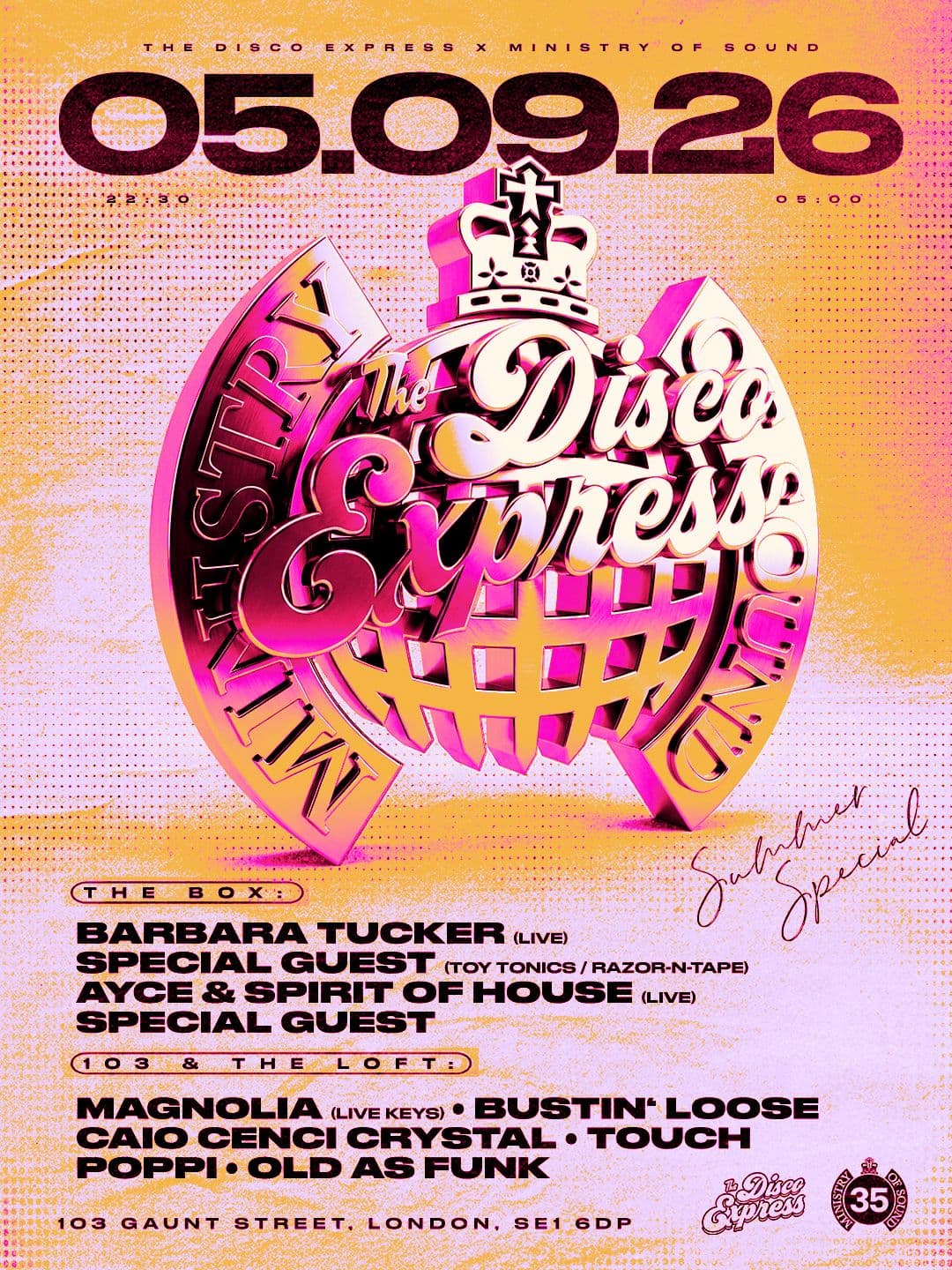 The Disco Express: London w/ Barbara Tucker, DJ Spen & Special Guests TBA at Ministry Of Sound,UK