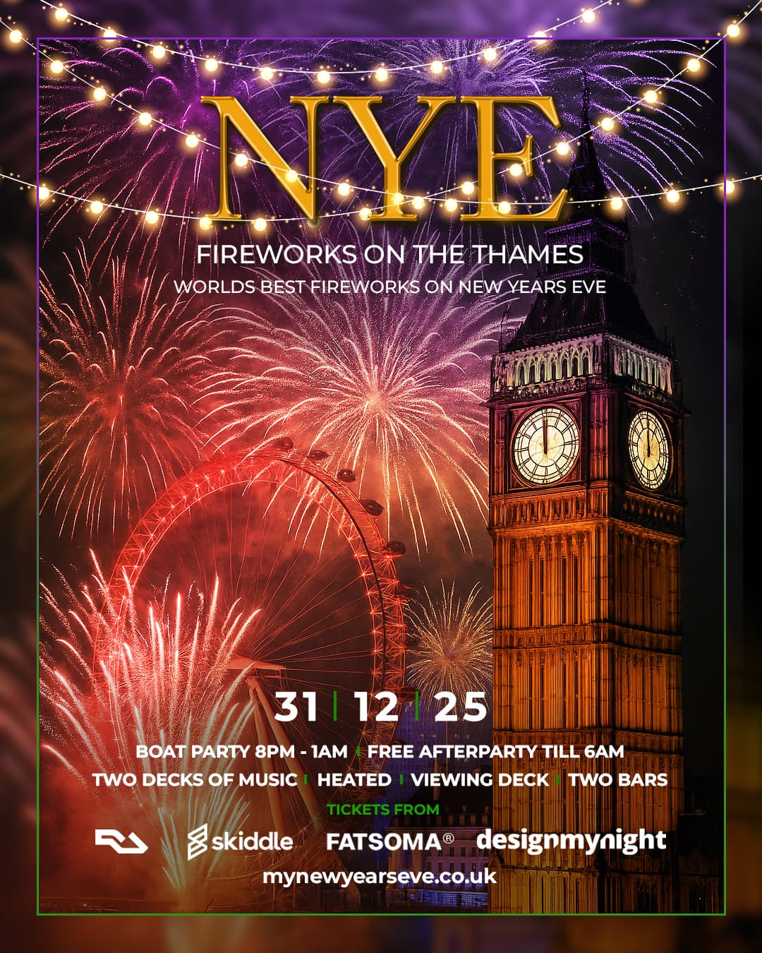 Fireworks on the Thames New Year's Eve Boat party + after party at Crown Piers