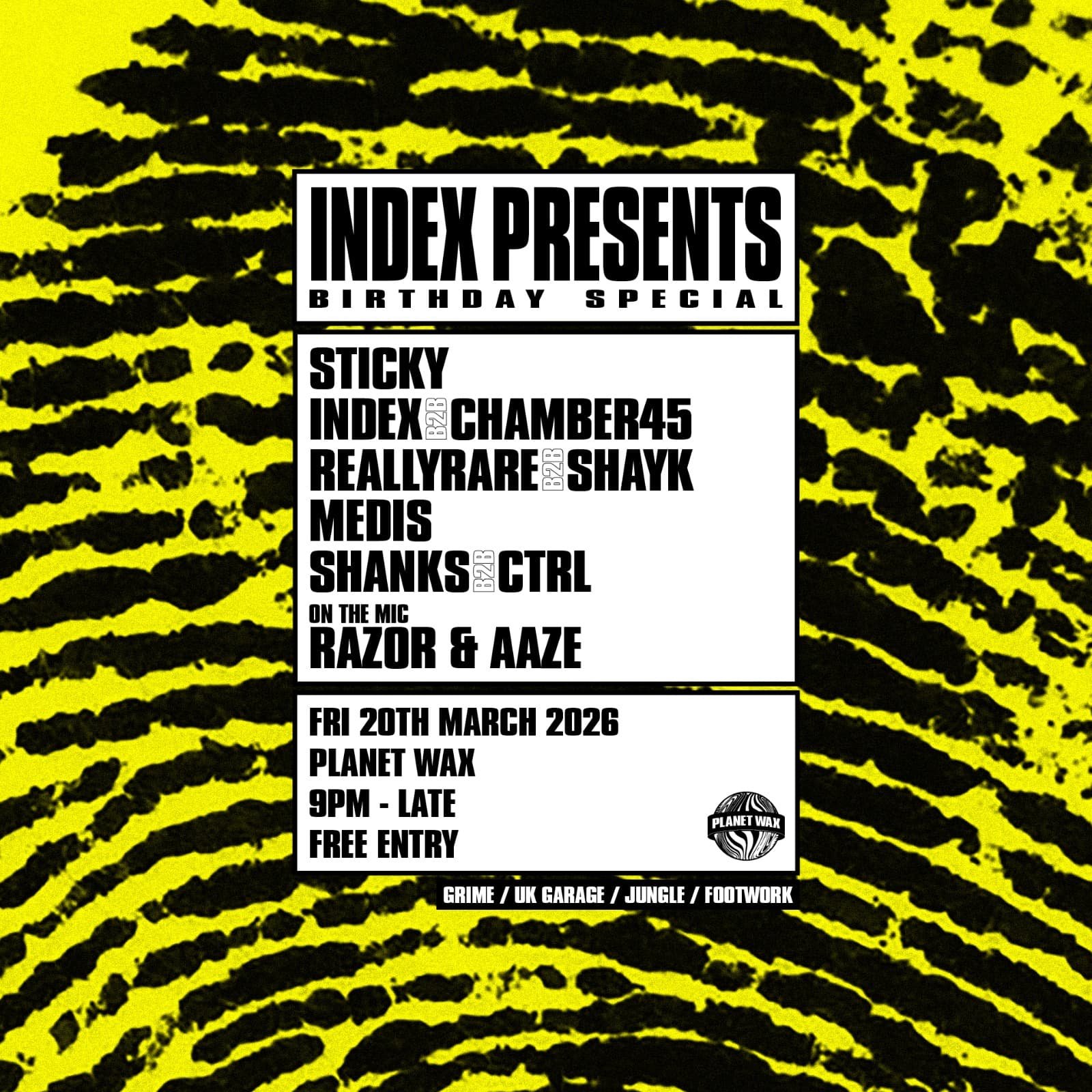 Index PRESENTS: BIRTHDAY SPESH at Planet Wax