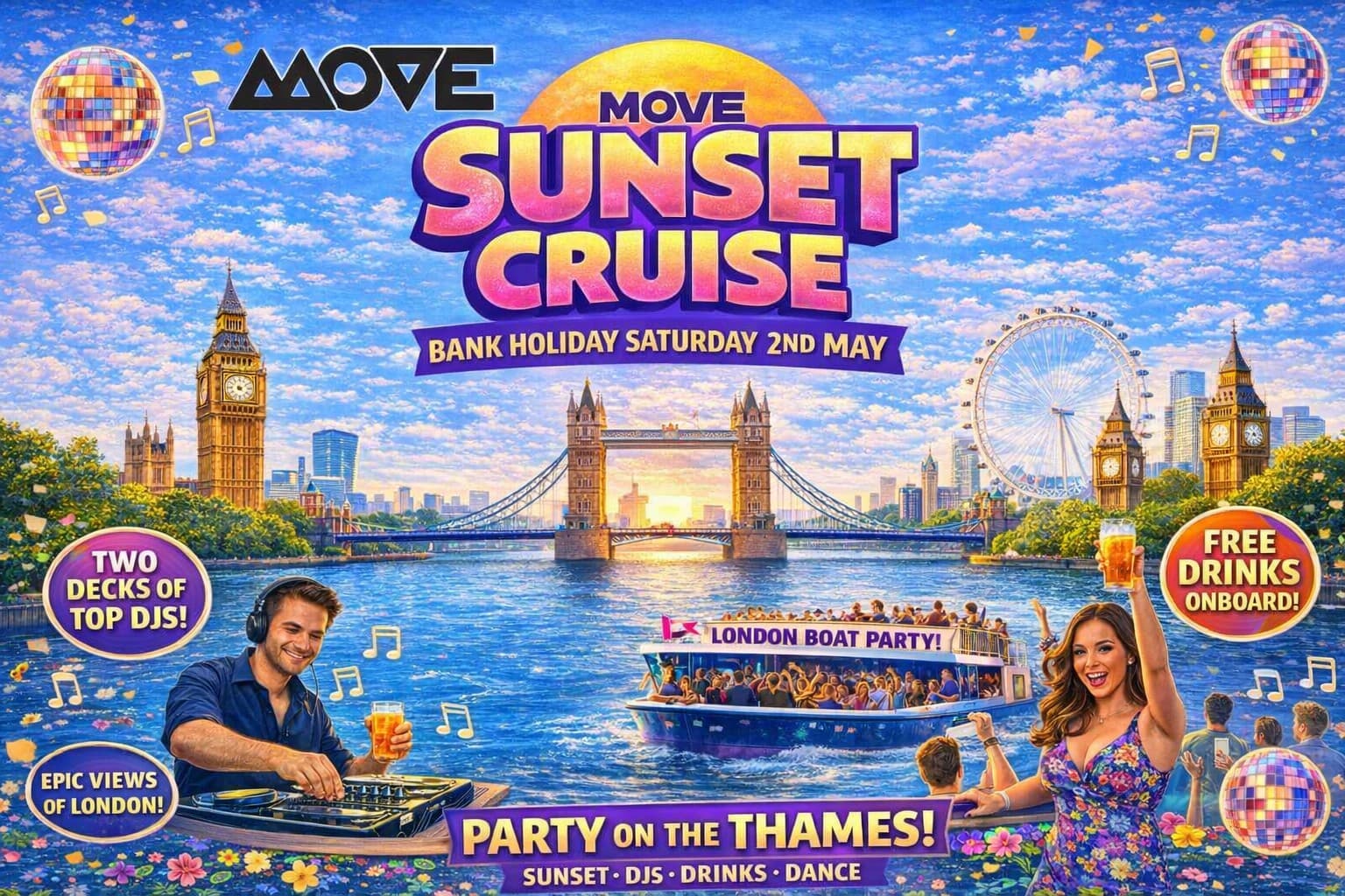 Sunset Cruise That Turns Into a Full‑Blown Party this Bank Holiday plus open bar at Crown Piers