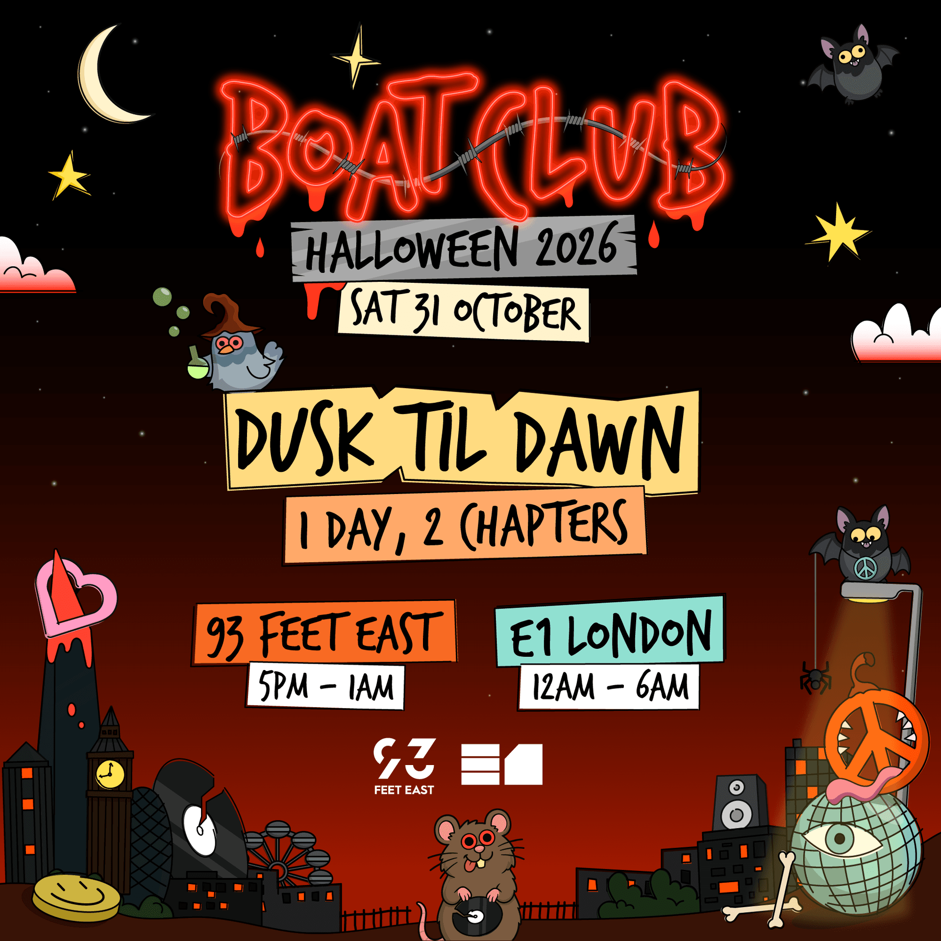 Boat Club Halloween @ 93 Feet East & E1 Afterparty at TBA - Multiple Venues (93 Feet East + E1 Afterparty)