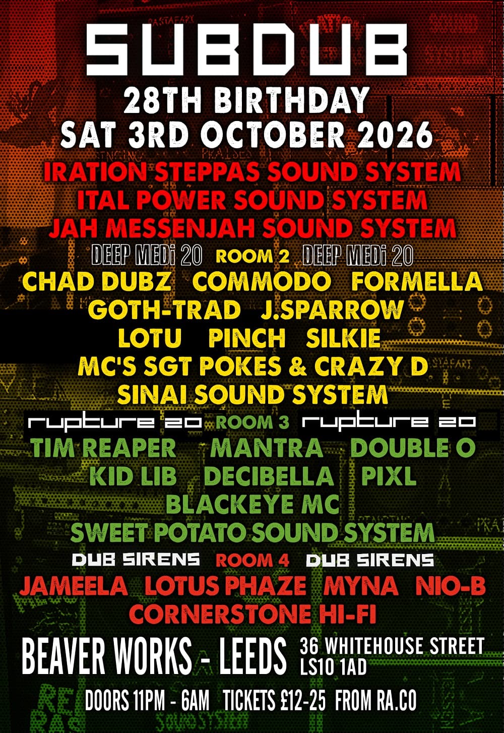 SUBDUB - 28TH BIRTHDAY / RUPTURE 20 / DEEP MEDI 20 / DUB SIRENS at Beaver Works