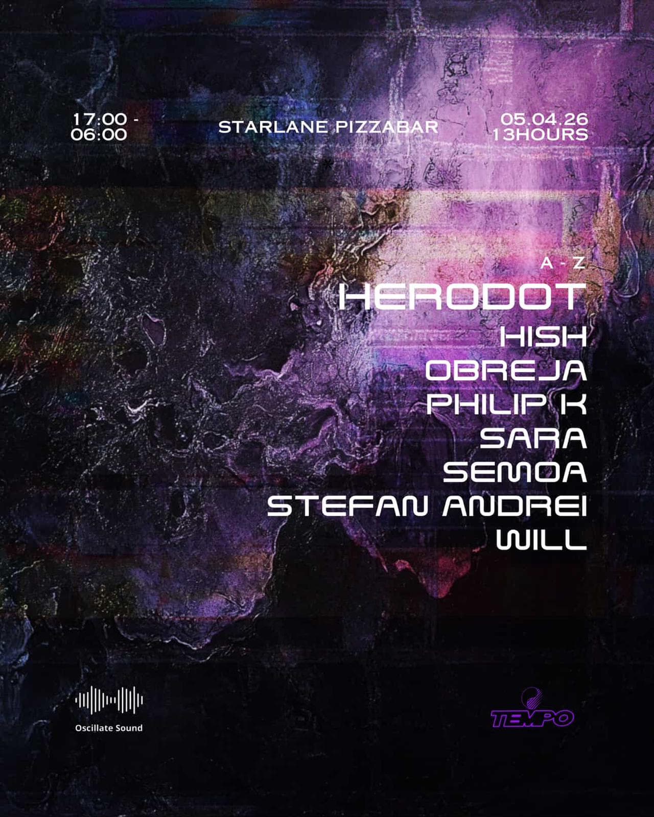 Oscillate x Tempo 12 Hours with Herodot, Hish, Will, Stefan + MORE at Starlane Pizza Bar