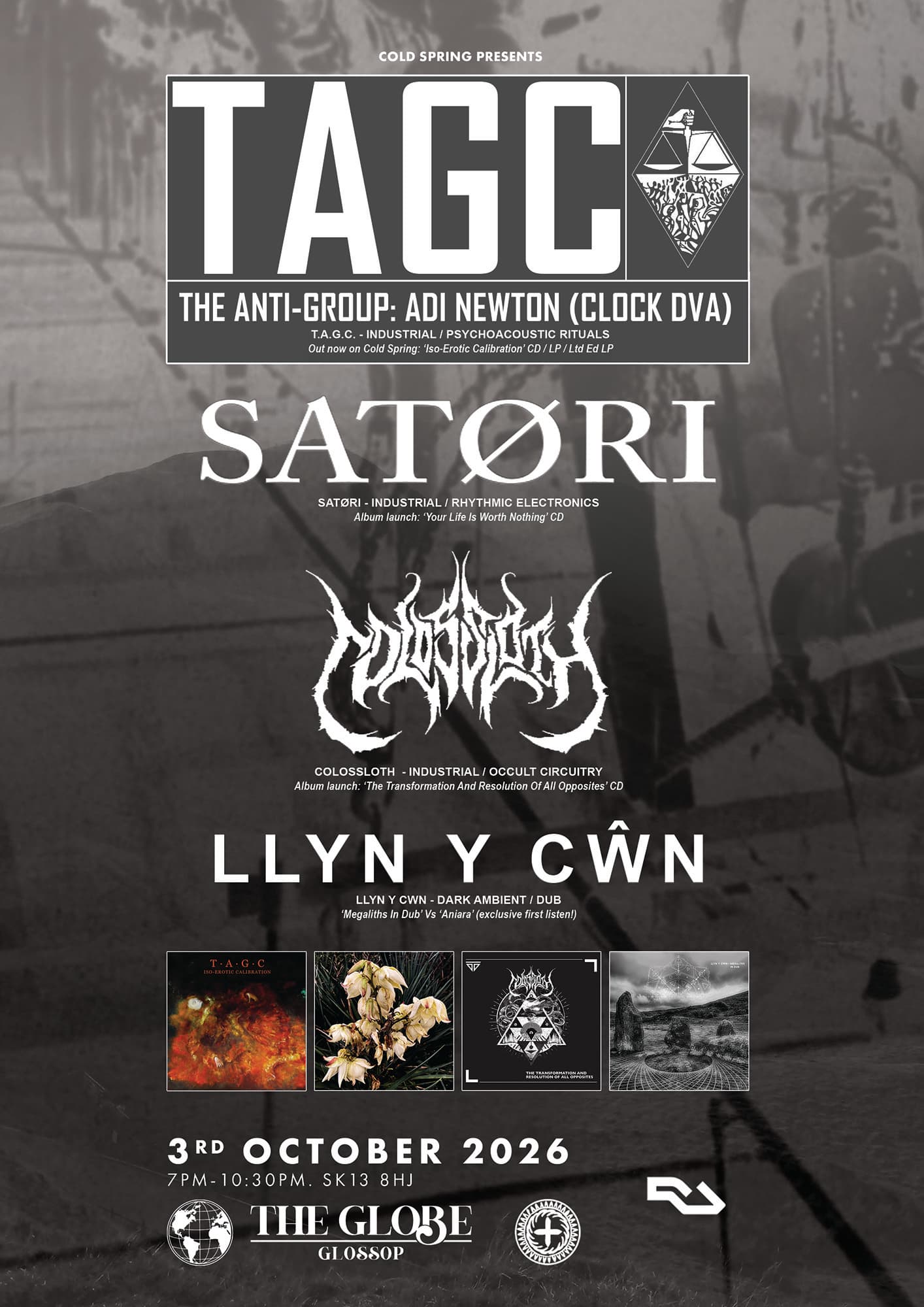 T.A.G.C. (Adi Newton // Clock DVA) at The Globe Glossop + SATØRI + COLOSSLOTH + LLYN Y CWN