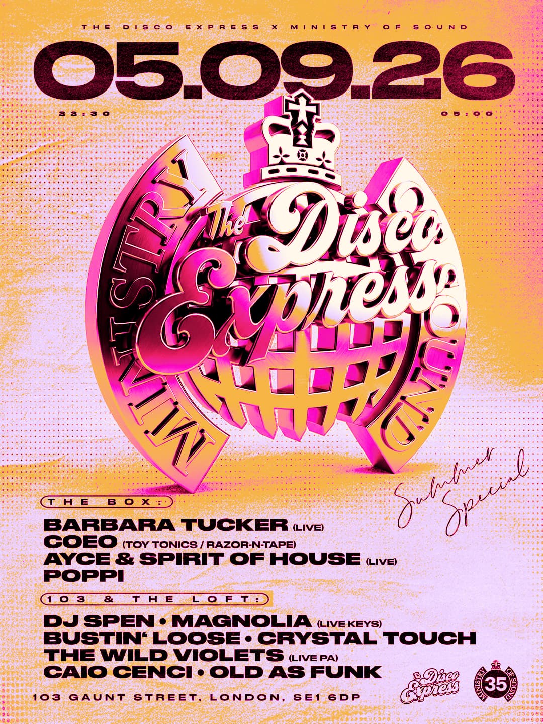 The Disco Express: London w/ Barbara Tucker, COEO, DJ Spen & more at Ministry Of Sound,UK