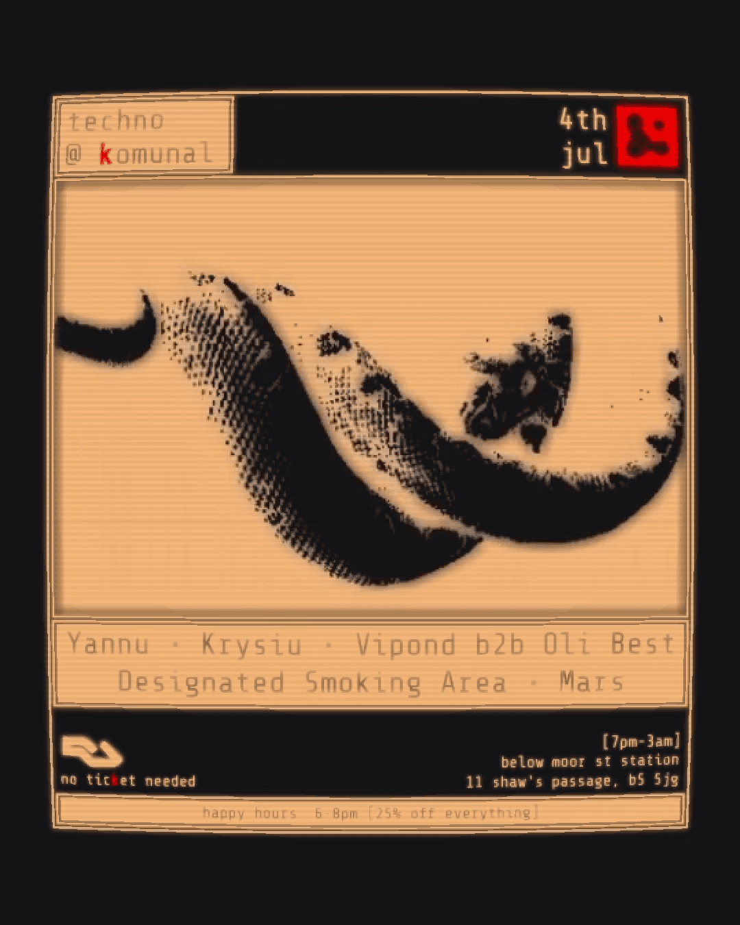 techno with DSA, Mars, Vipond b2b Oli Best, Yannu + Krysiu