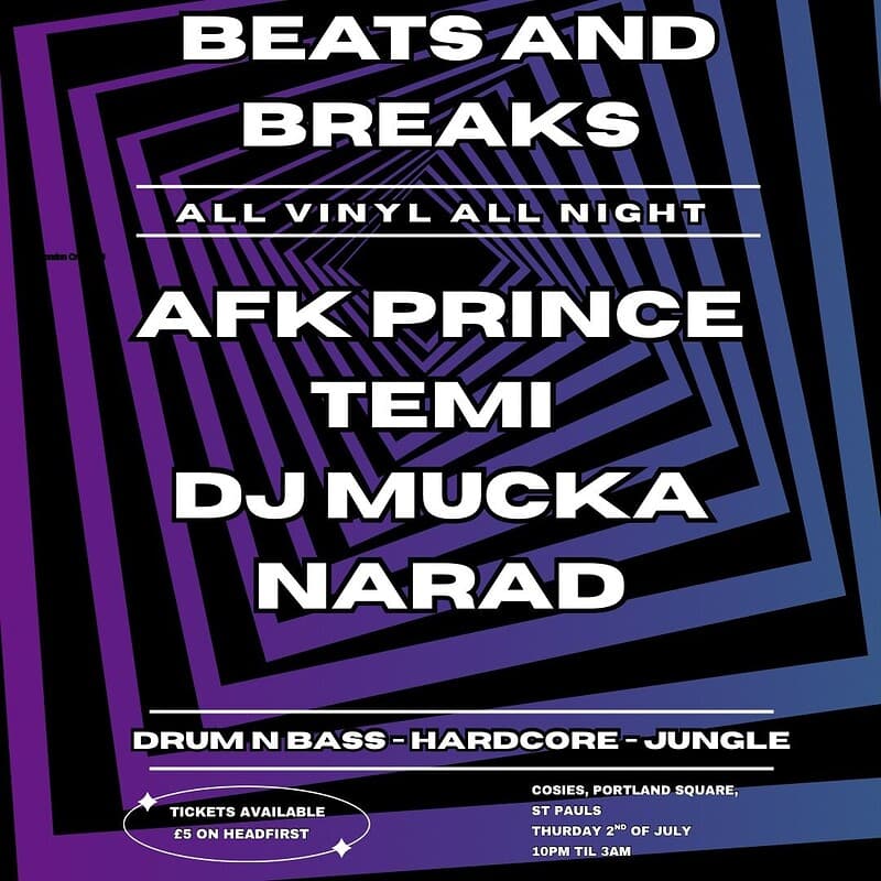 Beats and Breaks (All vinyl jungle night) at Cosies