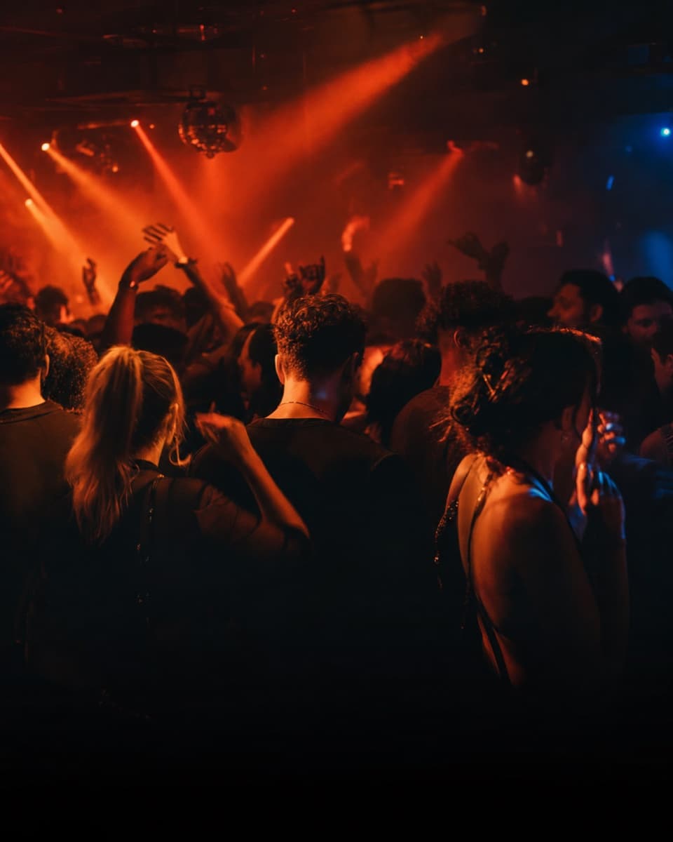 Crowd dancing under red lights at a club night