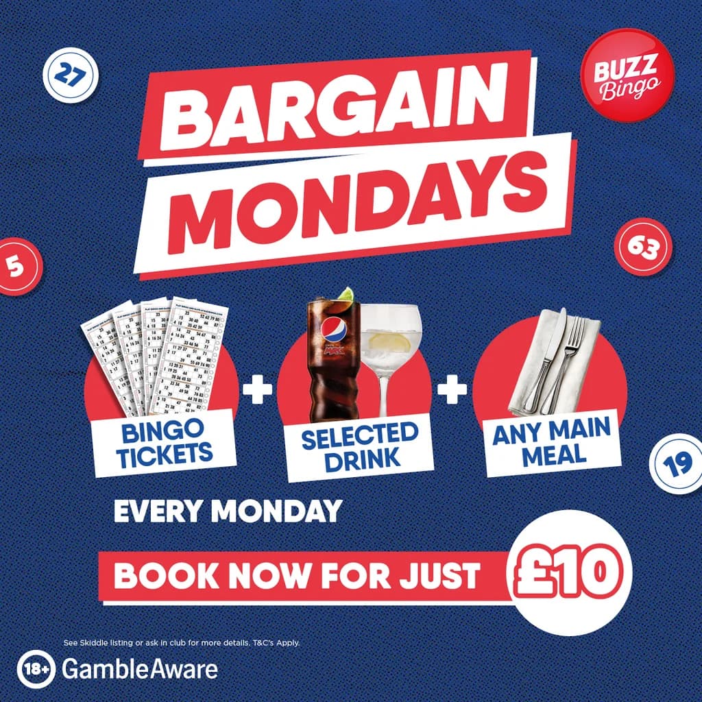 Eat, Drink & Play Bargain Monday 16/03 - Buzz Bingo Stockport