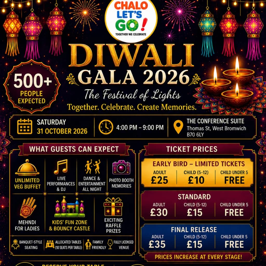 Diwali Gala 2026 | Birmingham Dinner, DJ & Family Celebration