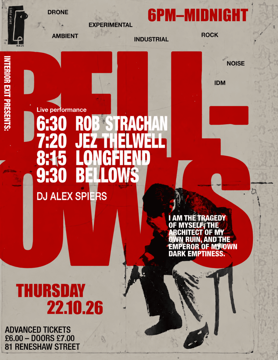 Interior Exit Presents: Bellows, Long Fiend, Jez Thelwell, and Rob Strachan